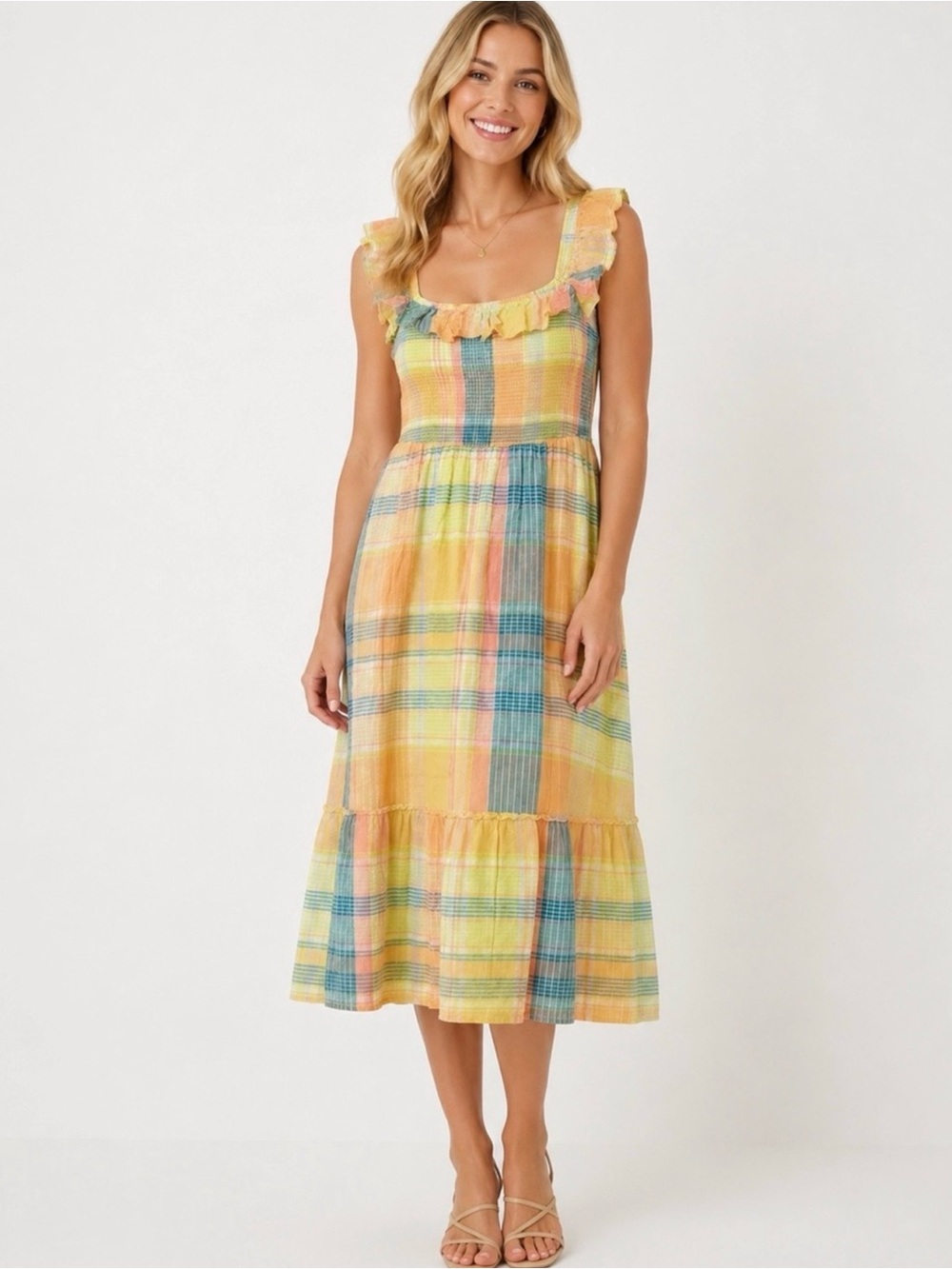 VINEYARD VINES Linen Yellow Plaid Ruffle Strap Midi Dress Plaid Sz. Medium